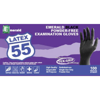 Emerald Black Latex 55 Powder-Free Exam Gloves [XS, S,M,L, & XL]