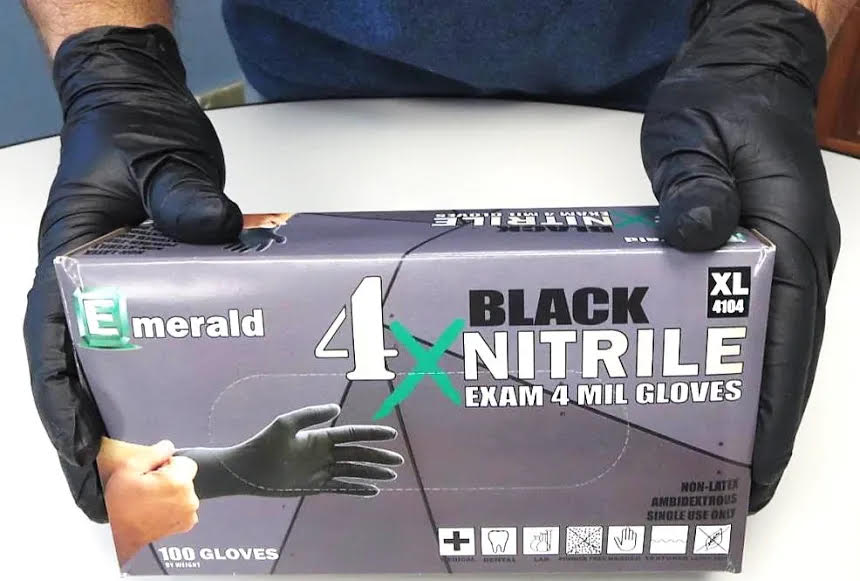 Emerald 4x Black Nitrile Exam 4 Mil Gloves [S, M, L, & XL]